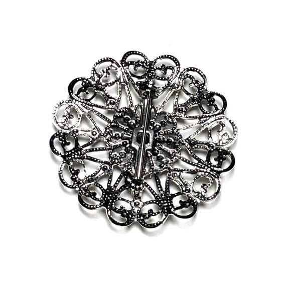 Filigree Brooch 1.7 in Pin Jewelry Silvertone Rhinestones - Picture 6 of 9